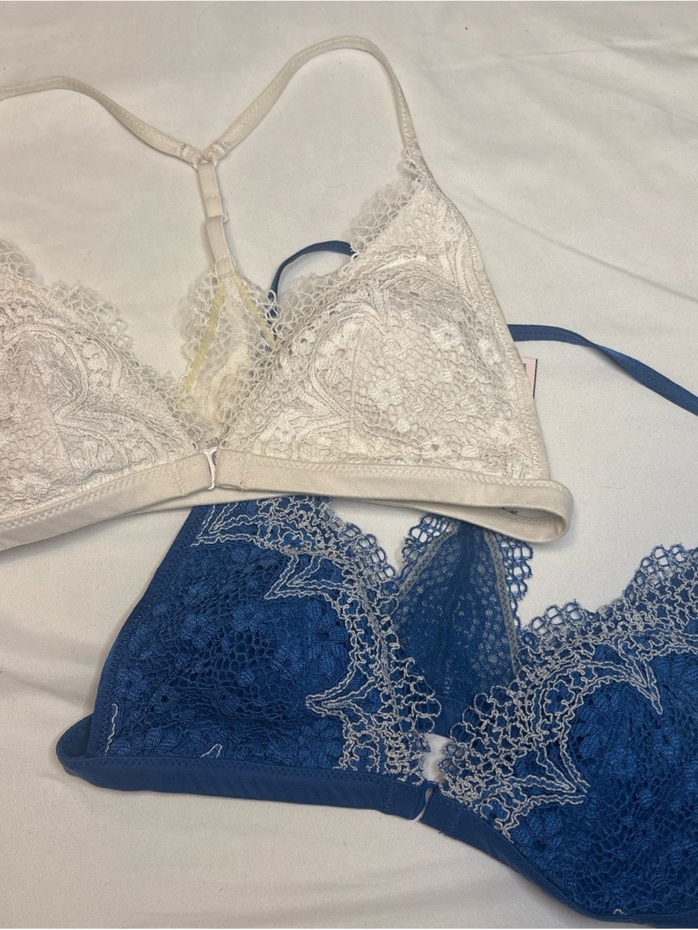 Victoria's Secret TWO Navy and White Lace Racerback Bralettes with White Accents